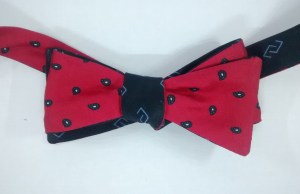 slim tie. Black paisley on red back with grey pattern on black back.